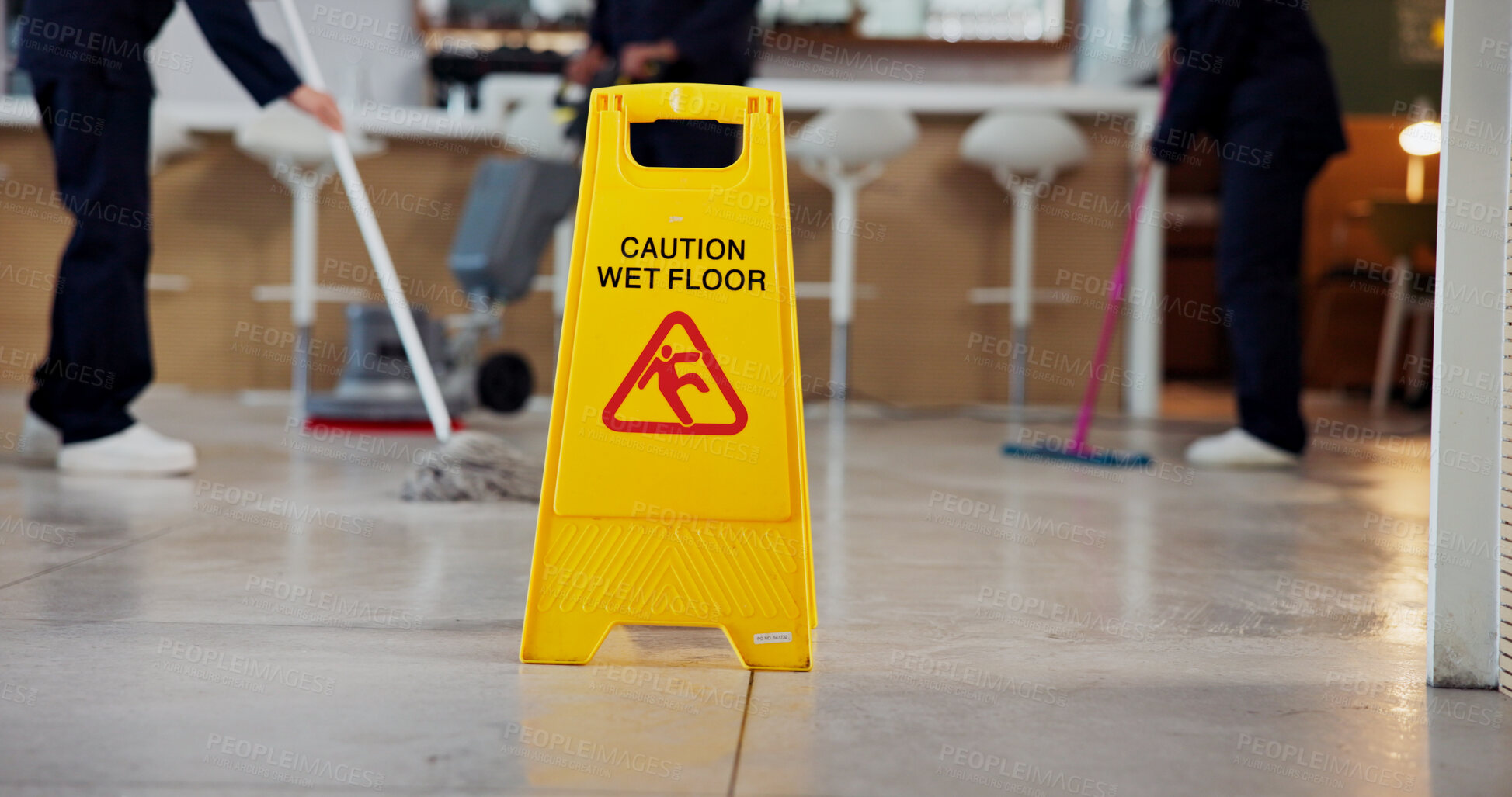 Buy stock photo Cleaning, warning and caution for wet floor, sign and people with equipment for disinfection or mop. Board, info and team with tools for sanitation of coffee shop, routine and service in business