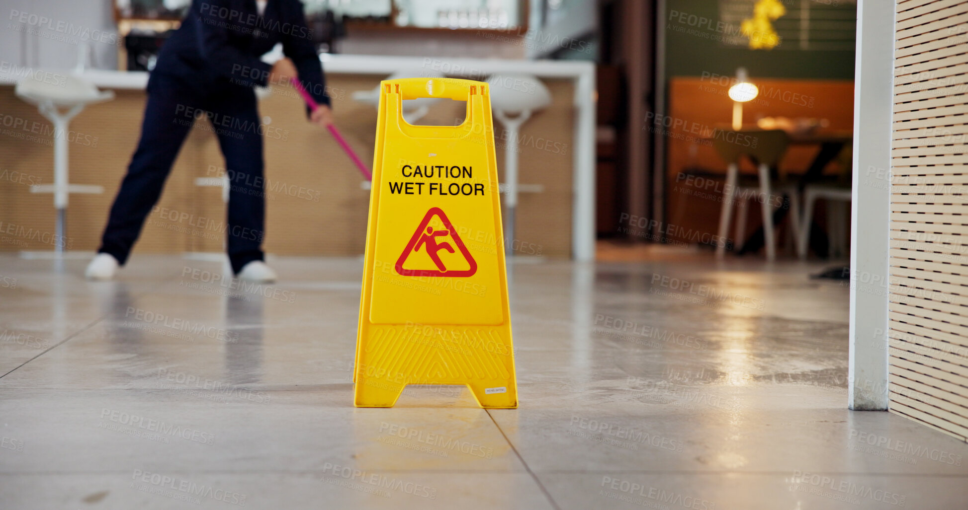 Buy stock photo Cleaning, business and caution for wet floor, warning and person with equipment for service or sign. Board, information and notice for safety, disinfection and routine for sanitation of coffee shop