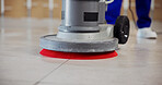 Janitor, feet and polishing machine on floor for cleaning tiles, office maintenance and hygiene. Cleaner, person and scrubbing equipment at workplace for dirt removal, surface grime or interior shine