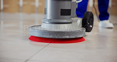Buy stock photo Janitor, feet and polishing machine on floor for cleaning tiles, office maintenance and hygiene. Cleaner, person and scrubbing equipment at workplace for dirt removal, surface grime or interior shine