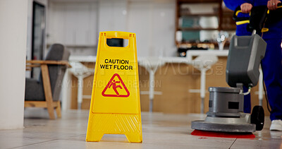 Buy stock photo Cleaning, service and caution for wet floor, business and person with equipment for hygiene or sign. Board, information and warning for safety, disinfection and routine for sanitation of coffee shop