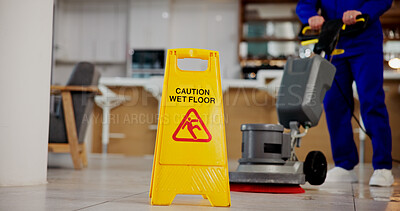 Buy stock photo Cleaning, service and caution for wet floor, sign and person with equipment for hygiene or business. Board, information and warning for safety, disinfection and routine for sanitation of coffee shop
