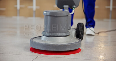 Buy stock photo Janitor, feet and polishing machine for cleaning tiles, building maintenance and office hygiene. Cleaner, person and scrubbing equipment at workplace for dirt removal, surface grime and floor shine