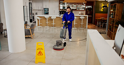 Buy stock photo Janitor, cleaning service or polishing machine in office for scrubbing tiles, maintenance or hygiene. Cleaner, wet floor and man with equipment at work for dirt removal, surface grime or warning sign
