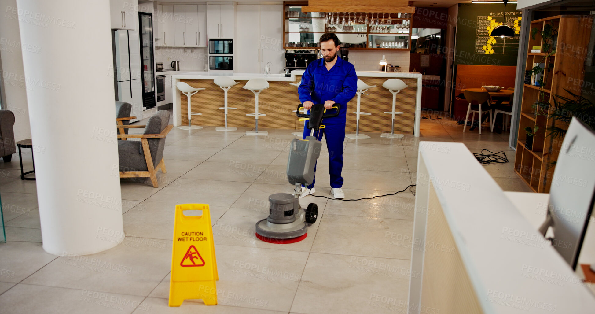 Buy stock photo Janitor, cleaning service or polishing machine in office for scrubbing tiles, maintenance or hygiene. Cleaner, wet floor and man with equipment at work for dirt removal, surface grime or warning sign