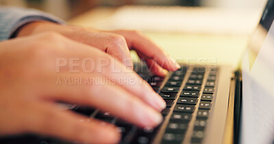 Buy stock photo Laptop, typing and hands of businessperson in office with research for creative project. Keyboard, computer and magazine editor with contact email for article approval for publishing at agency.