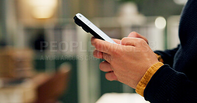 Buy stock photo Cellphone, hands and businessperson in office at night with connectivity for creative project. Phone, space and magazine editor with email contact for publishing approval with deadline in workplace.