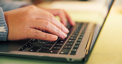 Buy stock photo Laptop, research and hands of businessperson typing in office at night with review for creative project. Keyboard, computer and magazine editor with article approval for publishing deadline.
