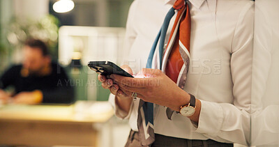 Buy stock photo Hands, smartphone and business woman for communication, corporate contact or email at night. Space, networking and negotiation deadline with chat, social media on mobile app and connection at office