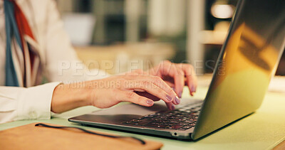 Buy stock photo Laptop, typing and hands of professional woman for report writing, email response and closeup. Keyboard, drafting business proposal or research with office employee, pc with feedback or review