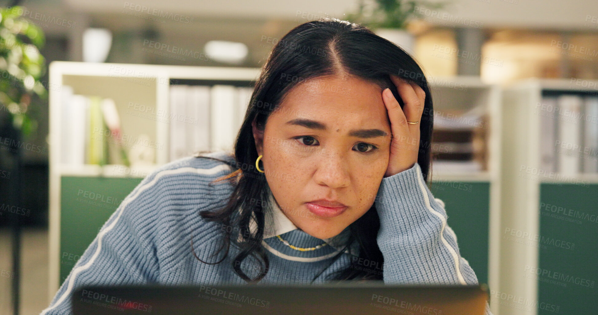 Buy stock photo Tired, burnout and business woman on computer, exhausted and overworked secretary in office. Bored, stress and worker with technology on deadline, brain fog and overwhelmed receptionist with fatigue