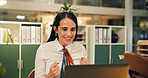 Happy woman, night and winning with laptop at office for good news, promotion or deadline success. Excited, female person or administrator with smile on computer for business deal or bonus at desk