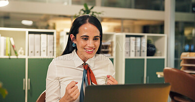 Buy stock photo Happy woman, night and winning with laptop at office for good news, promotion or deadline success. Excited, female person or administrator with smile on computer for business deal or bonus at desk