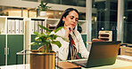 Thinking, laptop and business woman at night for online article, research and copywriting. Office, media agency and person with ideas working late on computer for editing report, planning and review