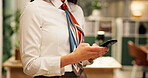 Hands, phone and business woman for communication, corporate contact or email at night. Typing, networking and negotiation deadline with chat, social media on mobile app and connection at office