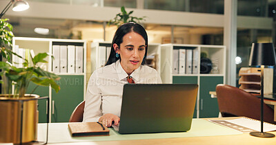 Buy stock photo Business, night and woman in workplace, laptop and online reading with email, investment and economy. Person, evening and financial advisor in office, pc and internet with stock market and trading