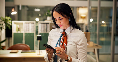 Buy stock photo Business, woman or research with phone in office for trading report, economy news or working late. Night, trader or scroll with smartphone for portfolio review, currency price and investment feedback