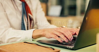 Buy stock photo Laptop, typing and hands of business woman for report writing, email response and closeup. Keyboard, drafting proposal or professional research with office employee, pc with feedback or review