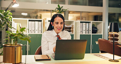 Buy stock photo Business, smile and woman with laptop, evening and online reading with economy analyst. Person, night and accounting in workplace, computer and email for investment, check income and connection