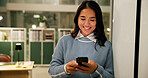 Happy, phone and businesswoman in office at night with communication for overtime on creative project. Smile, cellphone and Asian magazine editor with mobile app for contact with publishing deadline.