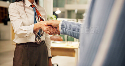 Buy stock photo Deal, colleagues and people in office, handshake and collaboration for business merger or agreement. Night, investor and shaking hands with client for opportunity, thank you and gesture in company