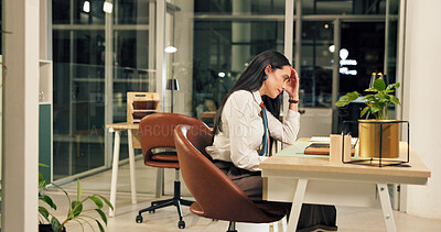 Buy stock photo Night, tired and business woman with headache, exhausted and overworked accountant in office. Stress, burnout and worker with migraine on deadline, pressure or auditor with fatigue for tax on laptop