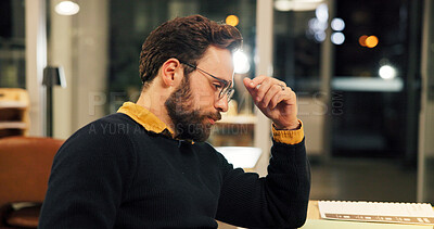 Buy stock photo Tired, night and thinking with business man in office for research deadline, project burnout and review. Exhausted, reflection and proposal planning with overworked person in creative agency