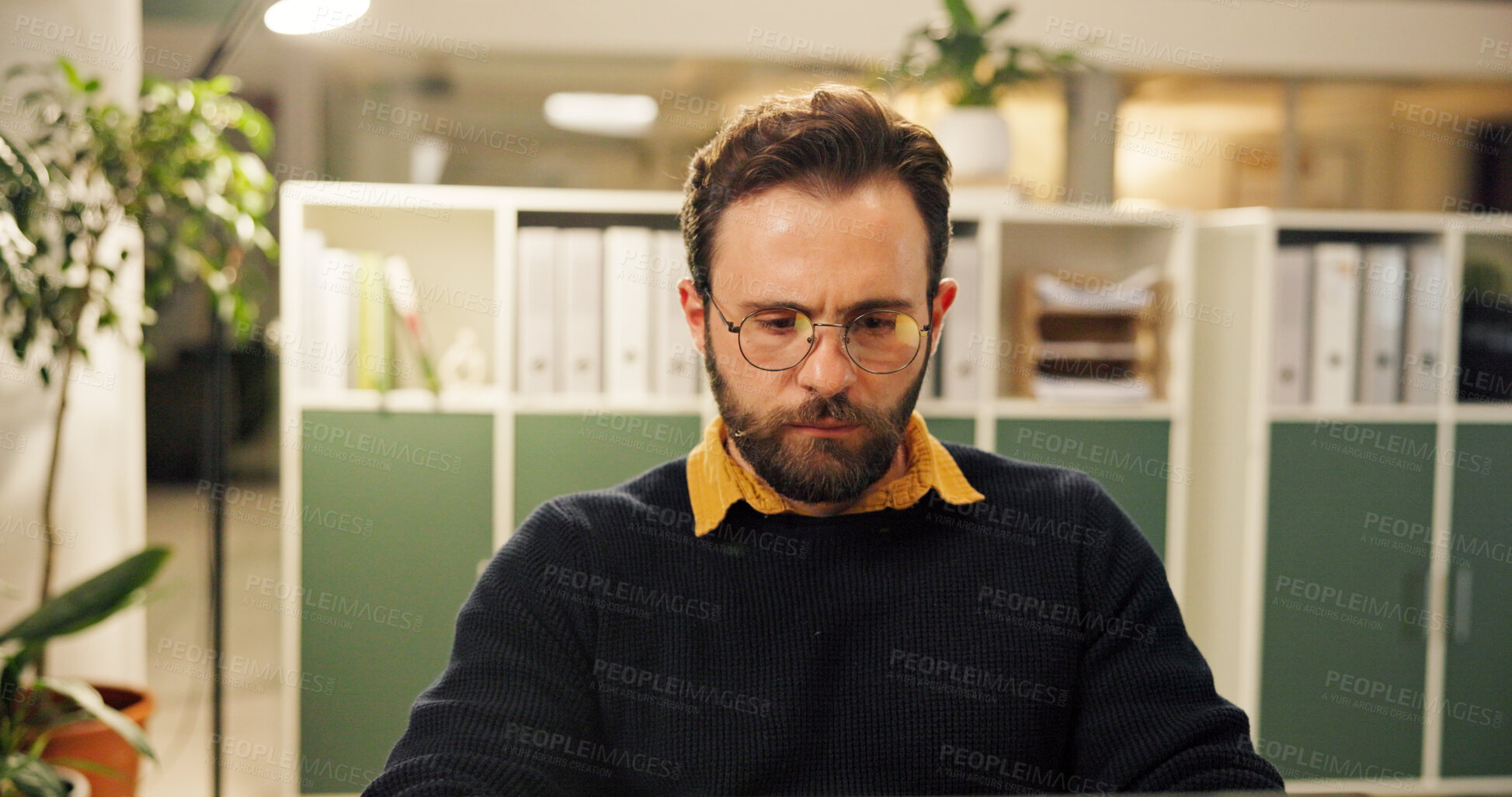 Buy stock photo Reading, glasses and review with business man in office for research, bookkeeper and planning. Account report, treasury decision with person in agency for client proposal and portfolio manager