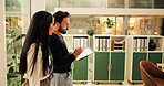 Business tablet, screen and people with discussion for blog review, working late or story planning. Night, media agency or content writers with digital mockup in office for publication or copywriting
