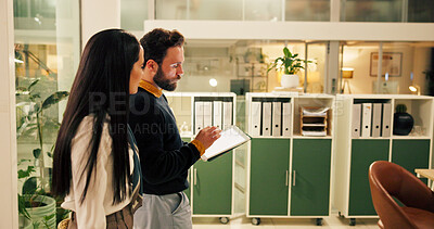 Buy stock photo Business tablet, screen and people with discussion for blog review, working late or story planning. Night, media agency or content writers with digital mockup in office for publication or copywriting