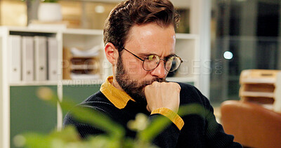 Buy stock photo Reading, glasses and thinking with business man in office for research, bookkeeper and vision. Account reflection, treasury decision with person in agency for client proposal and portfolio manager