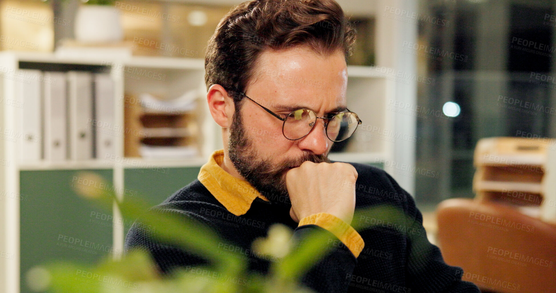 Buy stock photo Reading, glasses and thinking with business man in office for research, bookkeeper and vision. Account reflection, treasury decision with person in agency for client proposal and portfolio manager