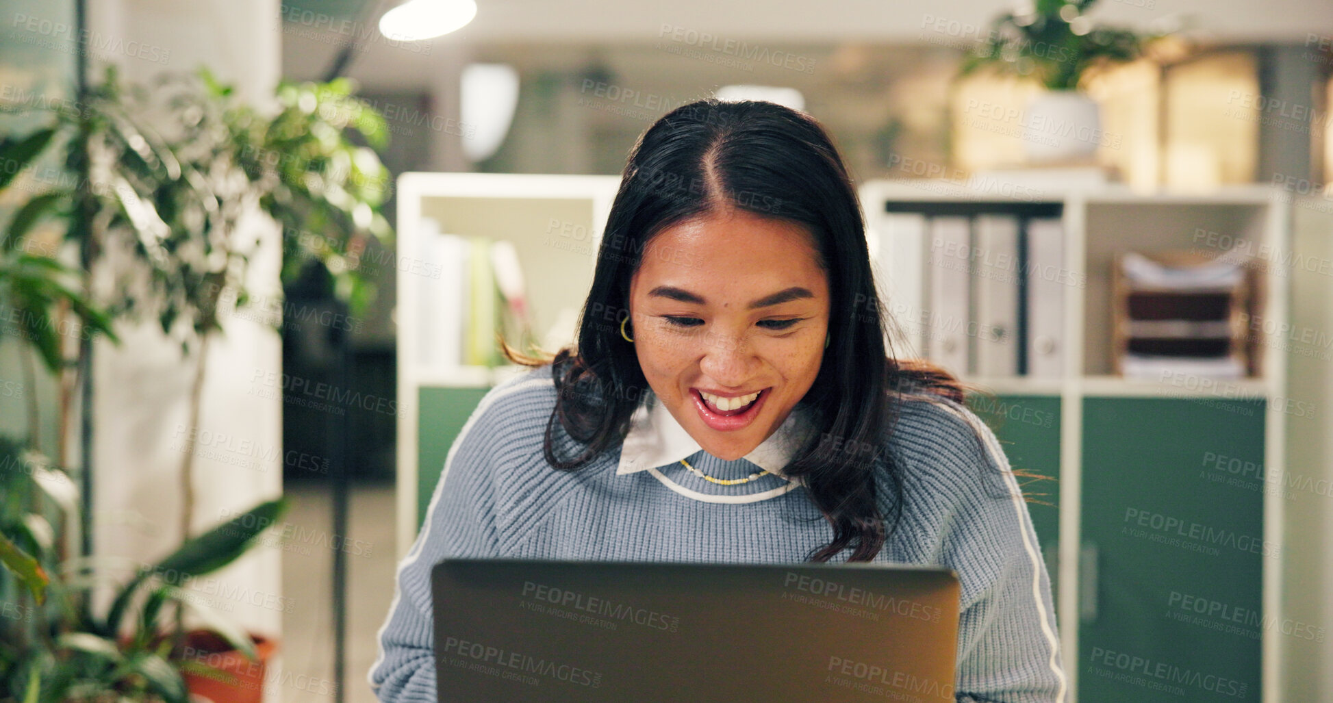 Buy stock photo Excited woman, night and winning with laptop at office for good news, promotion or deadline success. Happy, female person or administrator with smile on computer for business deal or bonus at desk