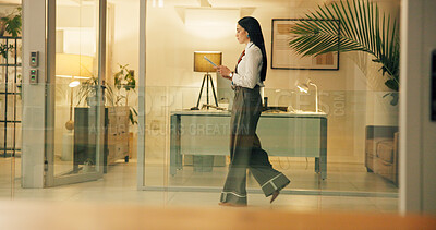 Buy stock photo Business, profile and woman with tablet, evening and internet with connection, copywriting and app. Night, person and journalist in workplace, communication and research for article or online reading