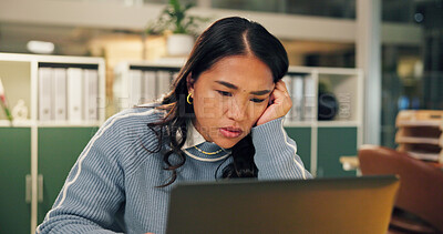 Buy stock photo Tired, stress or business woman with laptop, exhausted or overworked secretary in office at night. Bored, burnout or worker on computer on deadline, brain fog or overwhelmed receptionist with fatigue