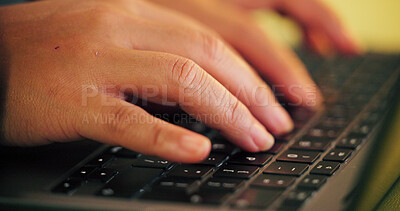 Buy stock photo Laptop, keyboard and hands of person in closeup for report writing, email response and blog. Typing, drafting proposal or professional research with employee, computer with feedback or review