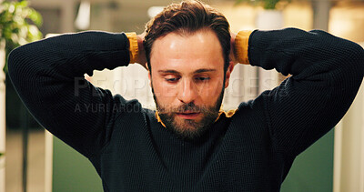 Buy stock photo Stress, night and thinking with business man in office for research deadline, project burnout and tired. Exhausted, reflection and proposal vision with person in creative agency for overworked