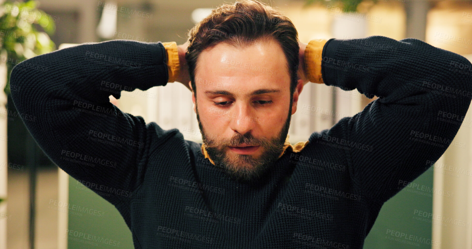 Buy stock photo Stress, night and thinking with business man in office for research deadline, project burnout and tired. Exhausted, reflection and proposal vision with person in creative agency for overworked