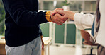 Collaboration, colleagues and people in office, handshake and agreement for business merger or deal. Night, investor and shaking hands with client for opportunity, thank you and gesture in company