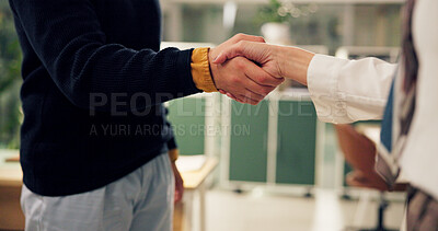 Buy stock photo Collaboration, colleagues and people in office, handshake and agreement for business merger or deal. Night, investor and shaking hands with client for opportunity, thank you and gesture in company