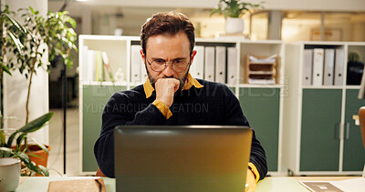 Buy stock photo Thinking, laptop and business man in office at night for online article, research and copywriting. Creative, media agency and person with solution on computer for editing report, planning and review