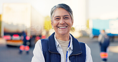 Buy stock photo Logistics, happy and yard with portrait of woman for fleet manager, freight shipping or export. Cargo transport, delivery schedule and truck distribution with mature person as dispatch supervisor