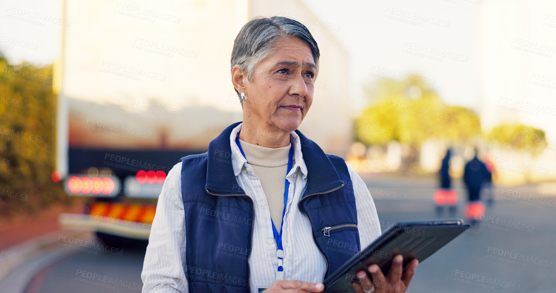 Buy stock photo Logistics, mature and woman in yard with tablet, fleet manager or shipping route for delivery truck. Cargo transportation, digital schedule and distribution with person outdoor as dispatch supervisor
