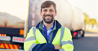 Buy stock photo Logistics, arms crossed and truck with portrait of man for fleet manager, freight shipping or export. Cargo transport, delivery schedule and distribution with person outdoor as dispatch supervisor