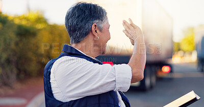 Buy stock photo Logistics, wave and truck with woman and tablet for fleet manager, shipping route or delivery. Cargo transportation, digital schedule and trade distribution with person outdoor as dispatch supervisor