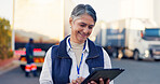 Logistics, smile and truck with woman and tablet for fleet manager, shipping route or delivery. Cargo transport, digital schedule and distribution with mature person outdoor as dispatch supervisor