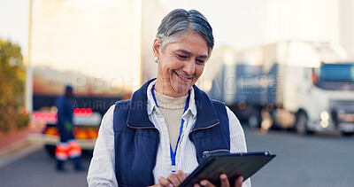 Buy stock photo Logistics, smile and truck with woman and tablet for fleet manager, shipping route or delivery. Cargo transport, digital schedule and distribution with mature person outdoor as dispatch supervisor