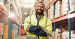 Portrait, logistics engineer and man with arms crossed, factory and pride for supply chain or smile. Space, supplier and person in warehouse for project management, shipping and confident for stock