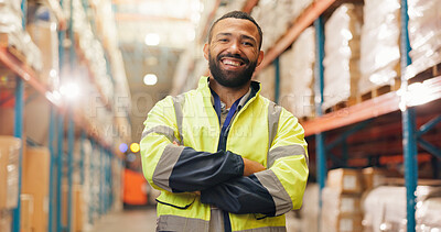 Buy stock photo Portrait, logistics engineer and man with arms crossed, factory and pride for supply chain or smile. Flare, supplier and person in warehouse for project management, shipping and confident for stock