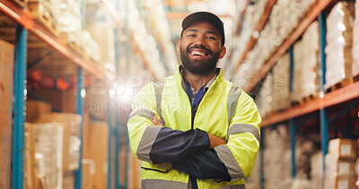 Buy stock photo Portrait, supply chain engineer and man with arms crossed, factory and pride for logistics or smile. Flare, supplier and person in warehouse for project management, shipping and confident for stock